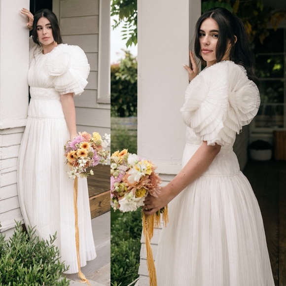 Aje Sculptura Expressive Ruffle Detailed Pleated Organza Maxi Dress White Bridal - Picture 2 of 16